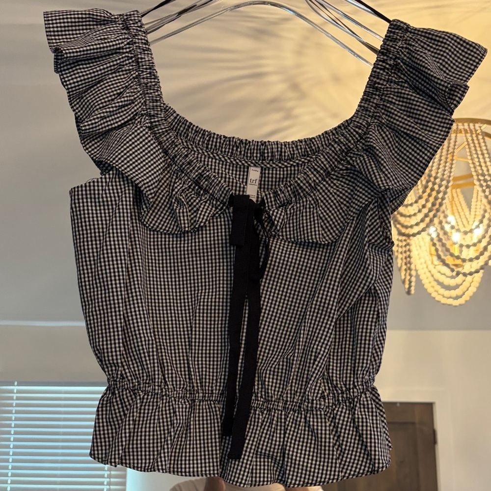 Zara Black-and-White Gingham Ruffle Camisole